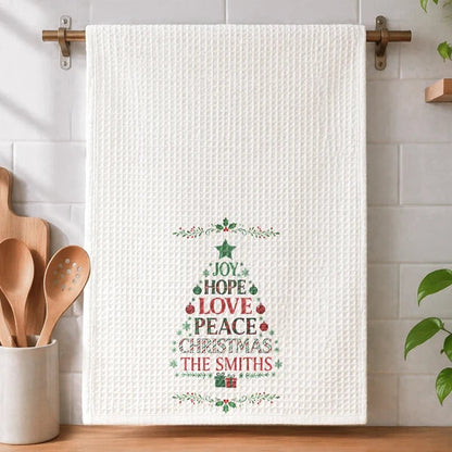 Joy Hope Love Peace Personalized Kitchen Towel, Creative Christmas Gift for Mom and Family