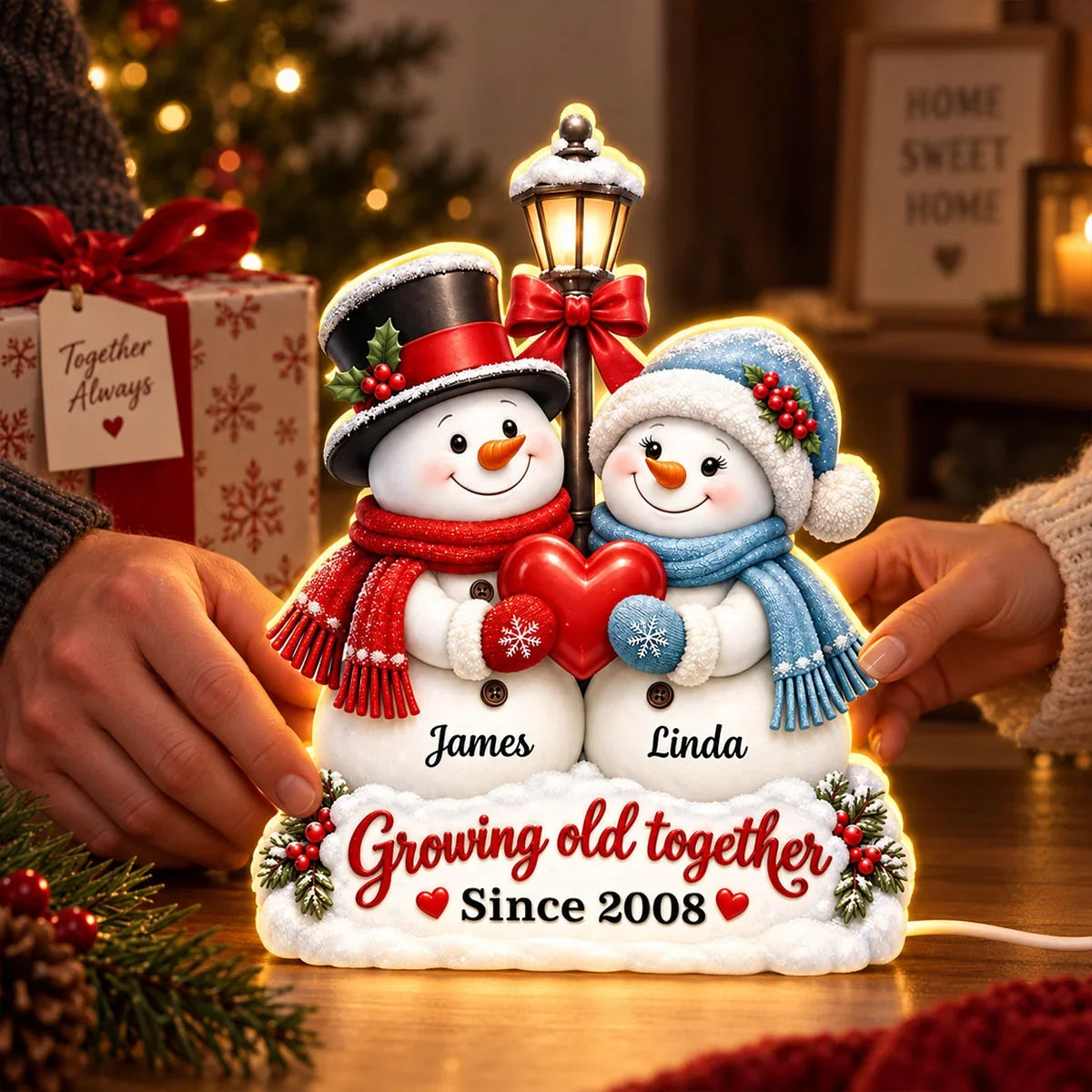 Personalized Growing Old Together Acrylic Light Box, Snowmen Holding a Heart, Creative Gift for a Partner