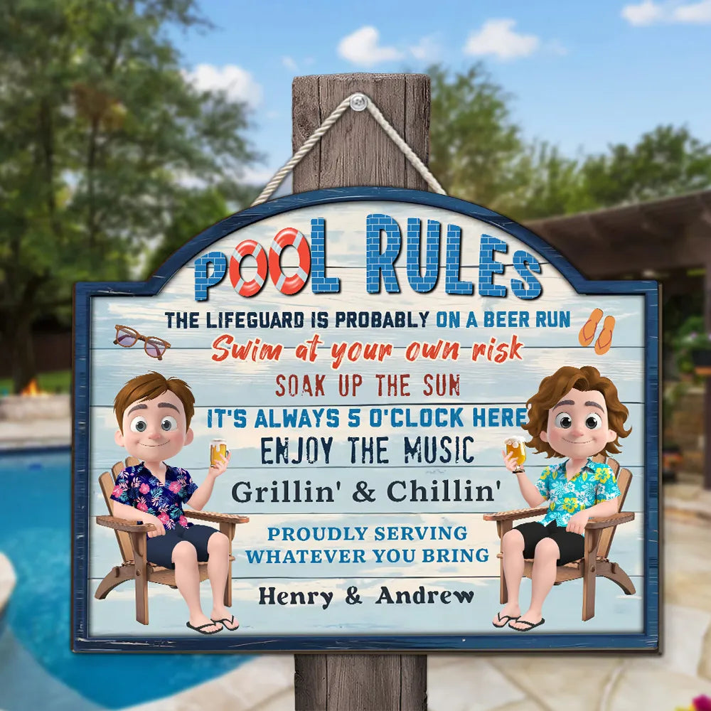 Funny Wooden Sign with Swim at Your Own Risk Pool Vibes, Custom Creative Gift for Friends & Couples