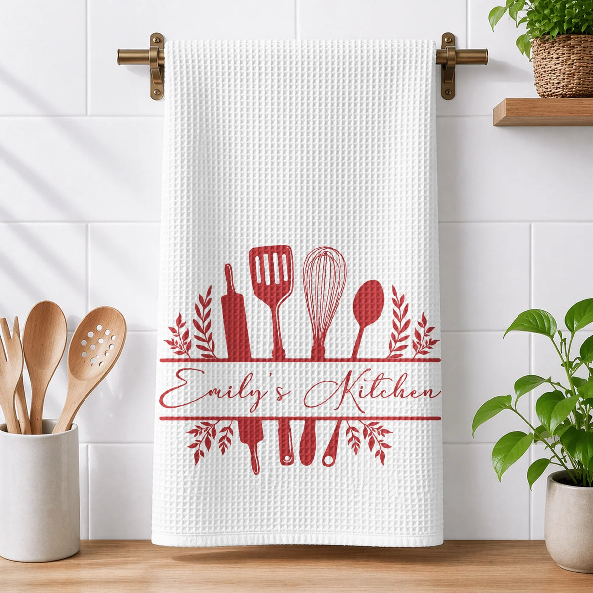 Personalized Kitchen Towel with Floral Utensil Design, Creative Housewarming Gift for Home Cooks