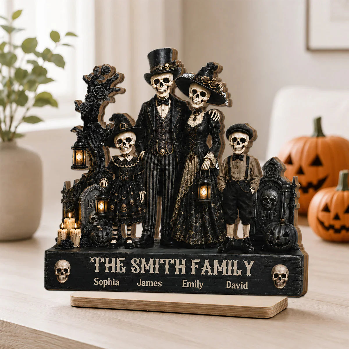 Standing Gothic Skeleton Family 2-Layer Wooden Plaque, Personalized Keepsake, Creative Gift for Family