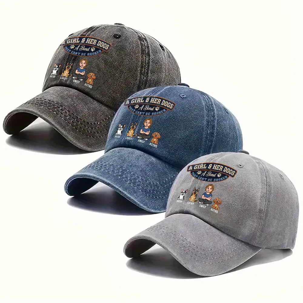 A Girl & Her Dog Washed Denim Baseball Cap, Custom Vintage Look Unique Gift For Pet Lovers