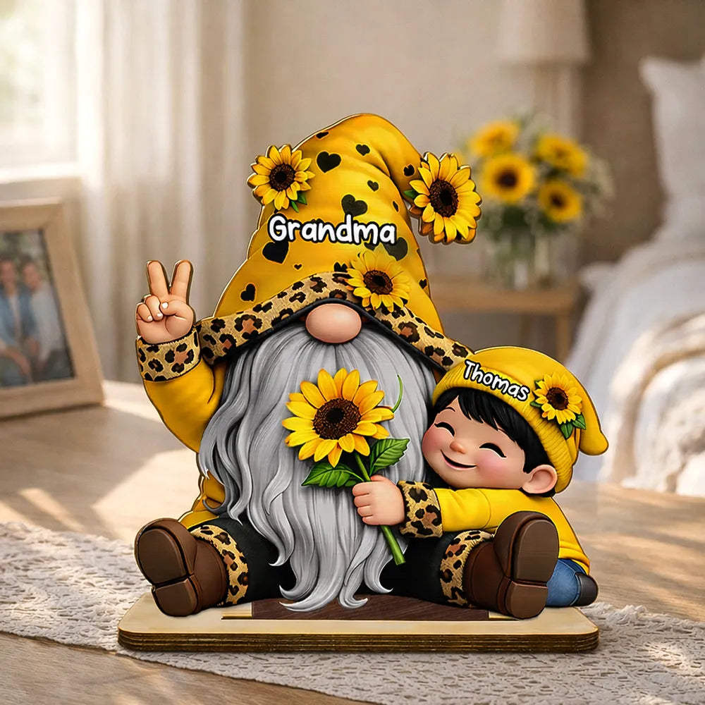 Personalized 2-Layer Wooden Plaque Gnome Grandma With Grandkids and Sunflowers Cute Family Keepsake Unique Gift for Grandma