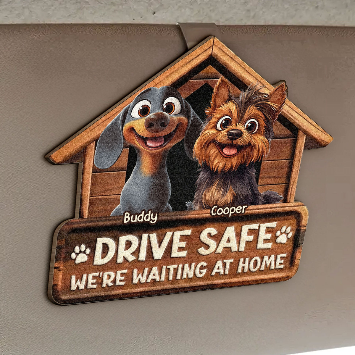 Personalized Wooden Car Visor Clip with Cute Dogs and 'Drive Safe We're Waiting At Home' Unique Gift for Pet Owners