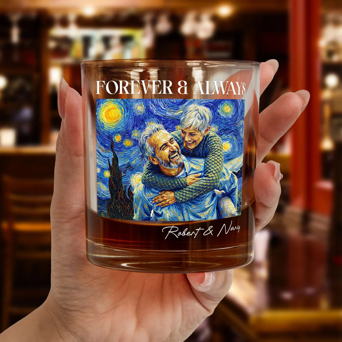 Personalized Whiskey Glass With Forever & Always Art, Unique Gift For Couple, Starry Blue Keepsake