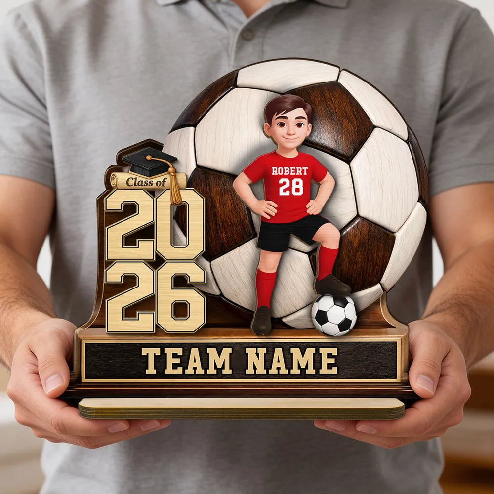 Personalized Soccer Graduation 2-Layer Wooden Plaque for Son or Daughter, Field-Ready Keepsake, Unique Gift