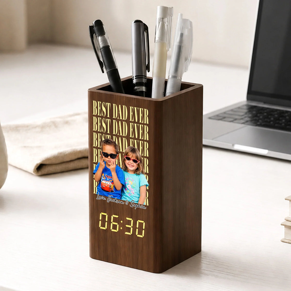 Personalized Wooden Pen Holder Clock With Custom Kids Photo, Father's Day Unique Gift For Dad