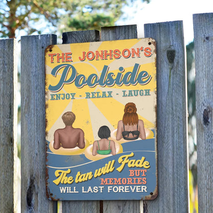 Personalized Rectangular Iron Sign, Retro Poolside Family Scene, Unique Gift for Pool Lovers