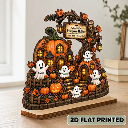 Personalized 2-Layer Wooden Plaque, Pumpkin Hollow Scene, Unique Halloween Gift for Family Decor