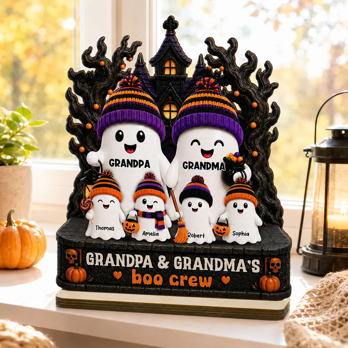 2-Layer Wooden Plaque, Grandpa & Grandma's Boo Crew Haunted House, Creative Gift for Grandparents