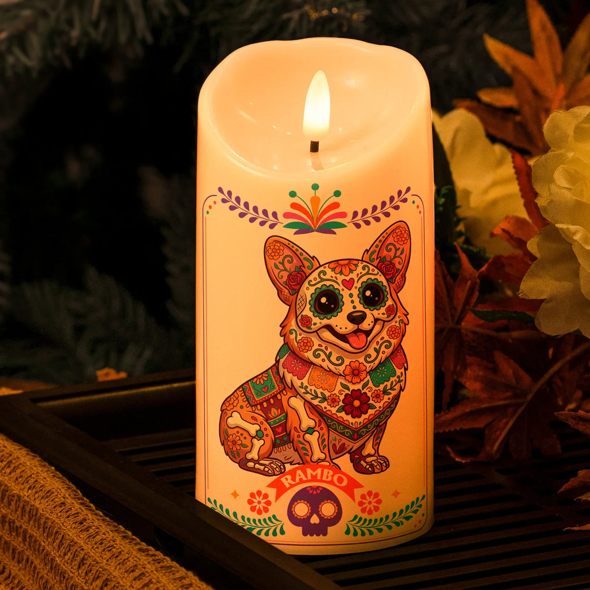 Custom Pet Memorial Flameless LED Candle, Mexican Folk Art Dog Decor and Creative Gift for Dog Lovers