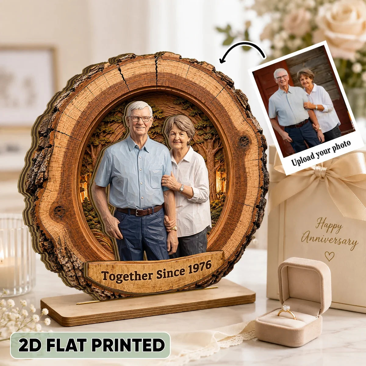 Personalized 2-Layer Wooden Plaque, AI Woodcut Style Hugging Couple Portrait, Unique Gift for Partner