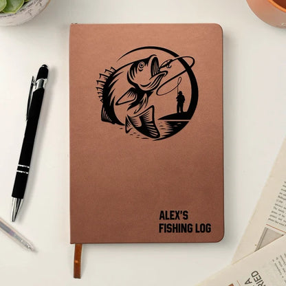 Personalized Leather Journal, Casting Angler and Leaping Fish Design for Fishing Memories, Creative Gift for Dad