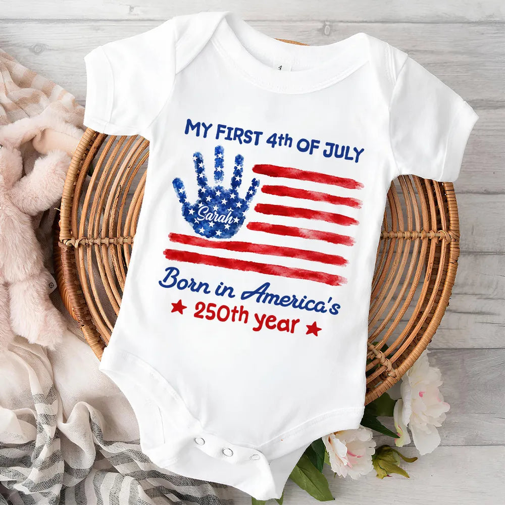 Personalized Short Sleeve Baby Onesie, My First 4th of July Handprint Flag, Unique Baby Gift