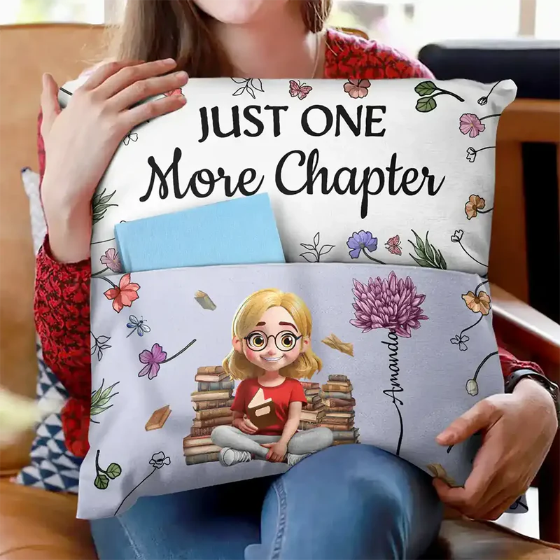 Personalized Pocket Pillow (Stuffing Included) Reading Girl With Flowers - Unique Gift For Book Lovers