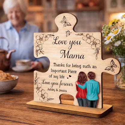 2-Layer Wooden Plaque Puzzle Piece Gift for Mom, Love You Mama Design, Warm Floral Butterfly Decor, Unique Thank You Gift
