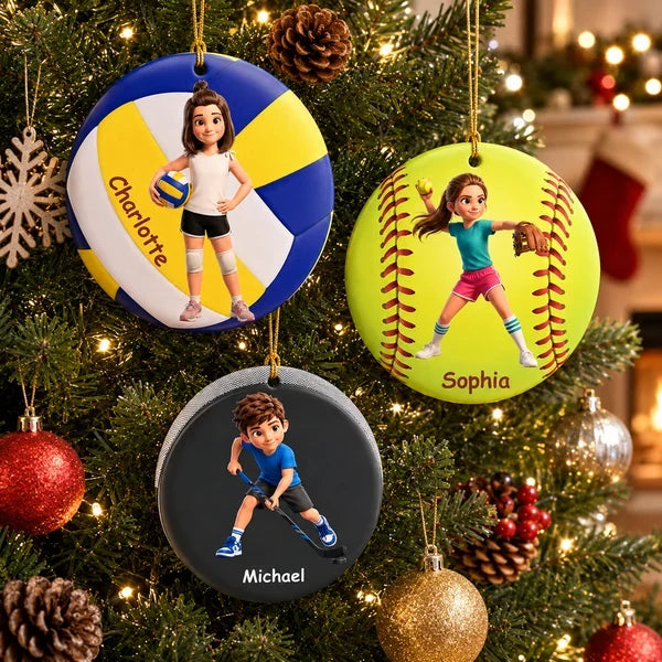 Personalized Acrylic Ornament, Cartoon Athlete in Action on a Glowing Christmas Tree, Unique Gift for Sports Fans