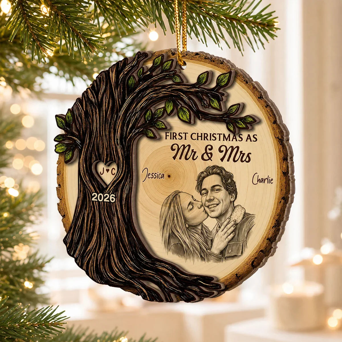 First Christmas as Mr & Mrs 2-Layer Wooden Ornament, Romantic Tree Design, Creative Gift for a Married Couple