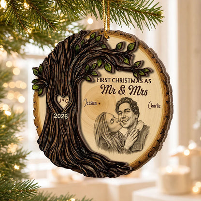 First Christmas as Mr & Mrs 2-Layer Wooden Ornament, Romantic Tree Design, Creative Gift for a Married Couple