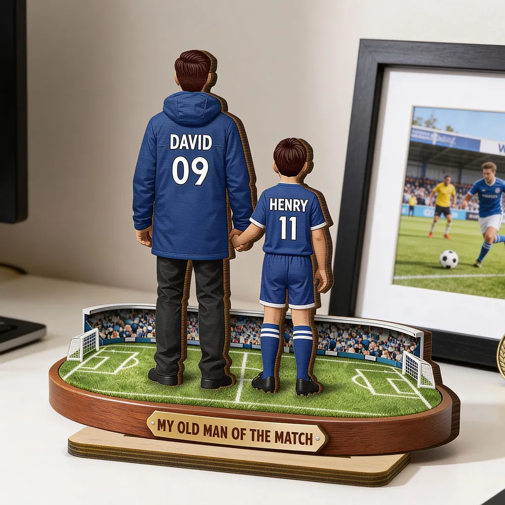 Personalized 2-Layer Wooden Plaque Soccer Dad Holding Kids' Hands Stadium Scene, Unique Father's Day Gift