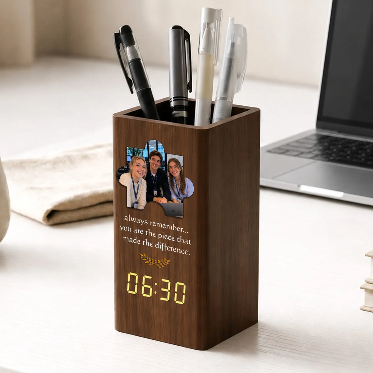 Wooden Pen Holder Clock, Always Remember Photo Design, Creative Gift for Teacher or Coworker
