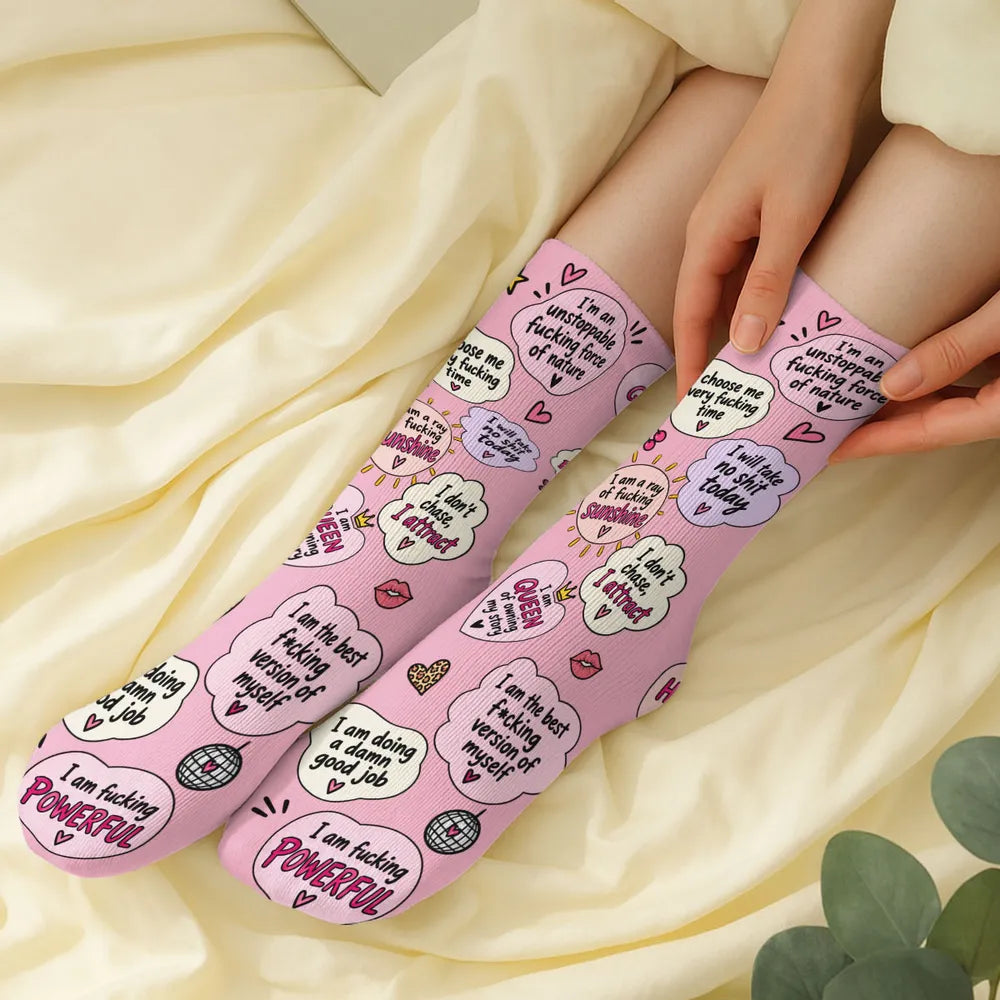 Personalized Crew Socks with Cheeky Self Love Quotes, Unique Gift for Women, Fun Confidence Boost