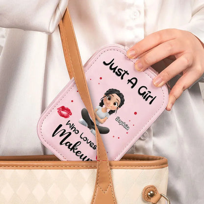 Personalized Leather LED Makeup Case, Cute Sitting Girl Design, Unique Creative Gift for Makeup Lovers