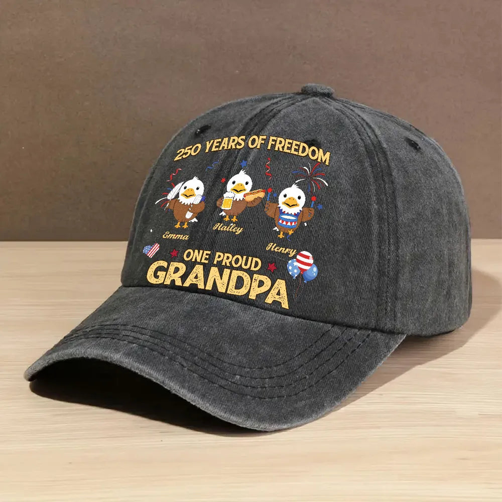 One Proud Grandpa Washed Denim Baseball Cap, Custom Vintage Look Creative Gift for Grandpa