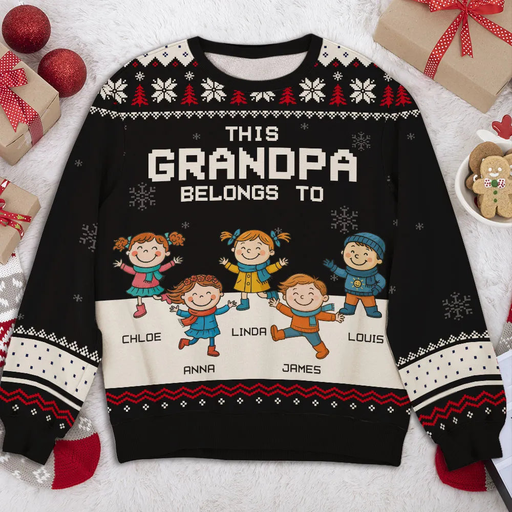 Printed Sweatshirt with Festive Snowflakes & Playful Grandkids Art, Cozy Holiday Wear, a Unique Gift for Grandpa