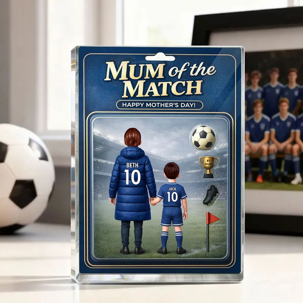 Personalized Rectangle Acrylic Block Plaque Mum of the Match Soccer Mom and Kid Holding Hands Stadium Scene Unique Mother's Day Gift