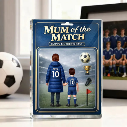 Personalized Rectangle Acrylic Block Plaque Mum of the Match Soccer Mom and Kid Holding Hands Stadium Scene Unique Mother's Day Gift