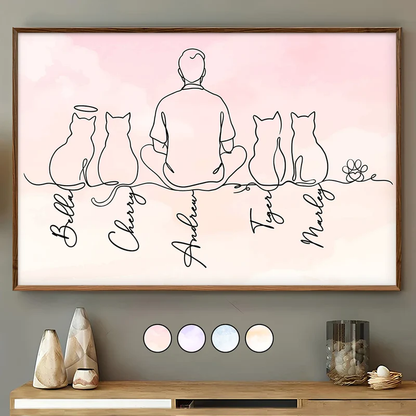 Minimalist Line Art Poster of Cats and Woman, Warm Pink Tone, Cozy Wall Art, Thoughtful Gift for Friendship and Home