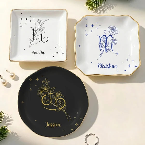 Zodiac Birth Flower Jewelry Dish, Personalized Celestial Keepsake Tray, Meaningful Creative Gift for Her