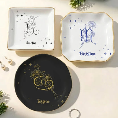 Zodiac Birth Flower Jewelry Dish, Personalized Celestial Keepsake Tray, Meaningful Creative Gift for Her