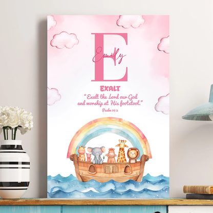 Custom Kids Noahs Ark Poster with Initial and Scripture Nursery Wall Art, Sweet Faith-Filled Gift for Baby or Child