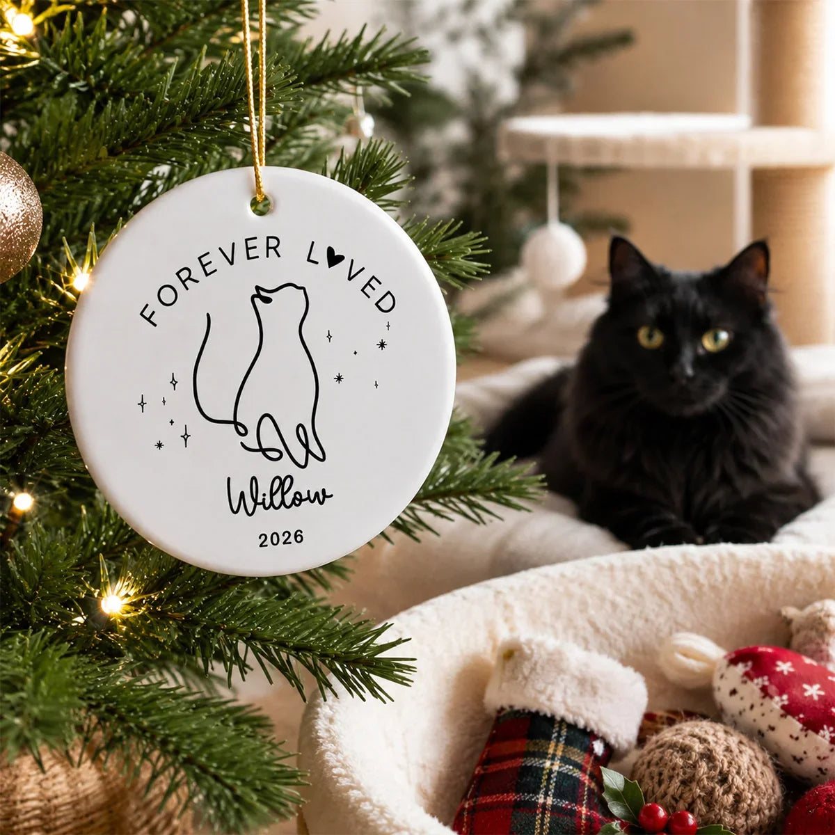 Personalized Cat Memorial Ceramic Ornament, Forever Loved Christmas Tree Keepsake, Unique Gift for Cat Owner