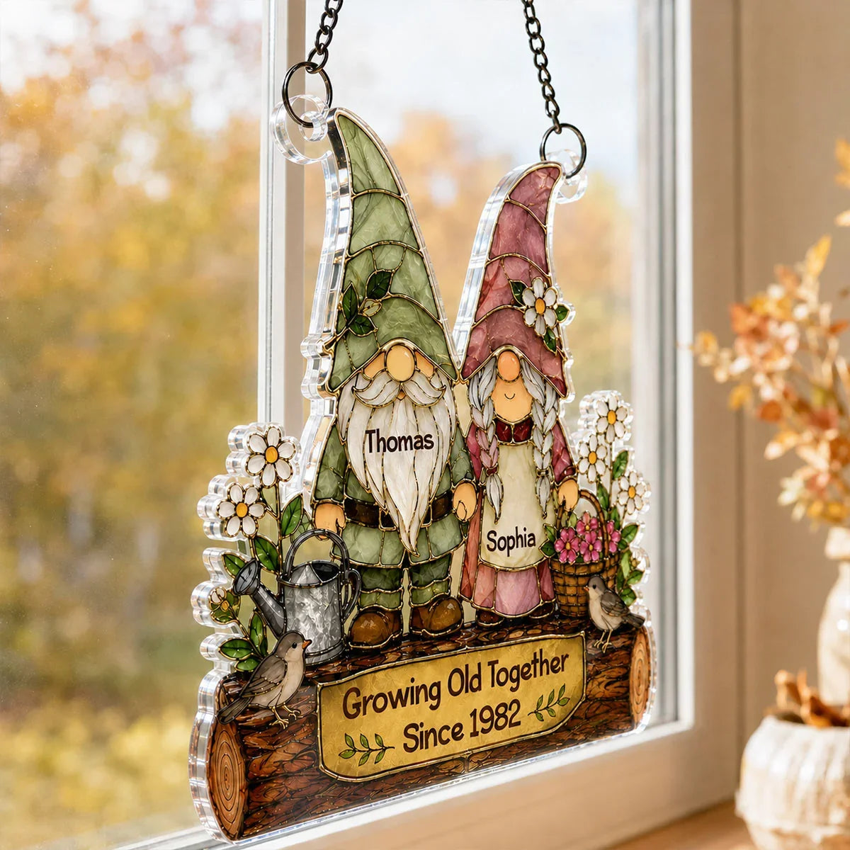 Personalized Acrylic Suncatcher Ornament, Holding Hands Gnome Couple in a Floral Garden, Unique Anniversary Gift