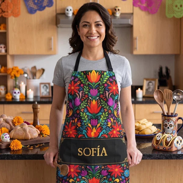 Personalized Waterproof Apron, Vibrant Mexican Folk Florals, Unique Gift for Home Cooks