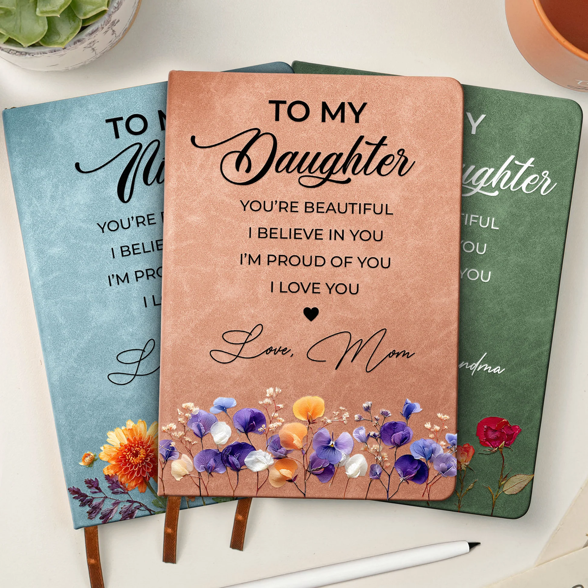 Personalized Leather Journal With Floral Quote Cover, Encouraging Gift For Daughter, Niece Or Granddaughter