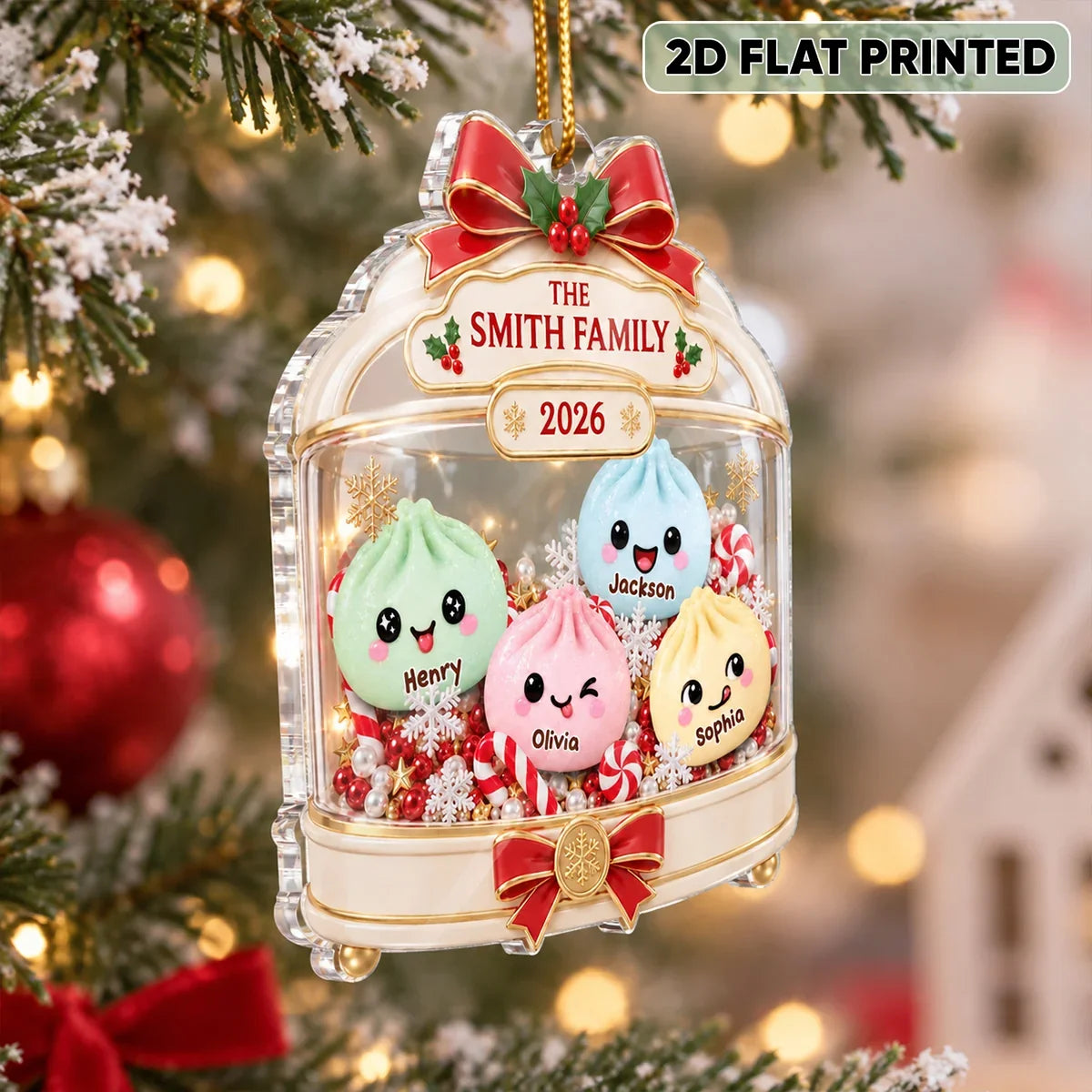 Personalized Acrylic Ornament, Cute Dumpling Family Snow Globe for Christmas Tree Decor, Unique Gift for Families