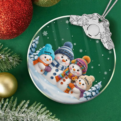 Snowman Family Silver Capped Glass Ornament – Heartwarming Holiday Gift for Grandma & Loved Ones
