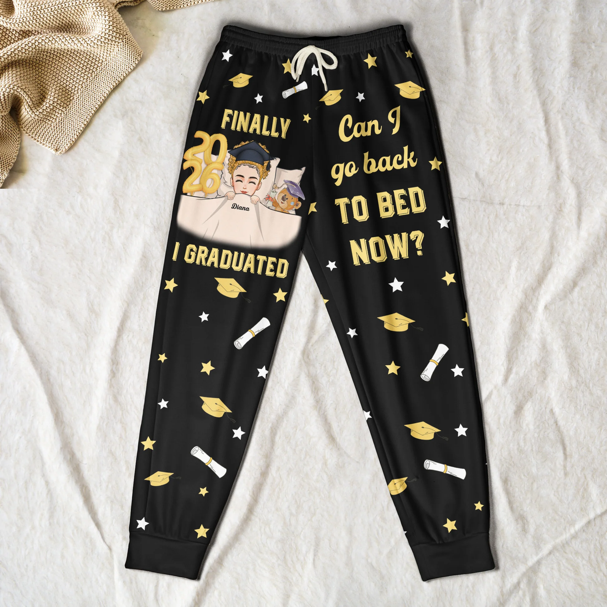 Personalized Sweatpants Graduation Gift Can I Go Back To Bed Now? Funny Custom Lounge Pants For Any Grad