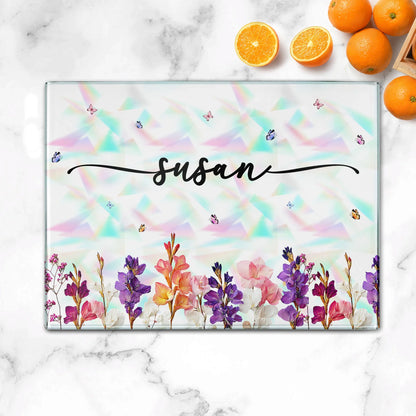 Tempered Glass Cutting Board With Custom Script Name, Watercolor Flowers, Creative Kitchen Gift for Her