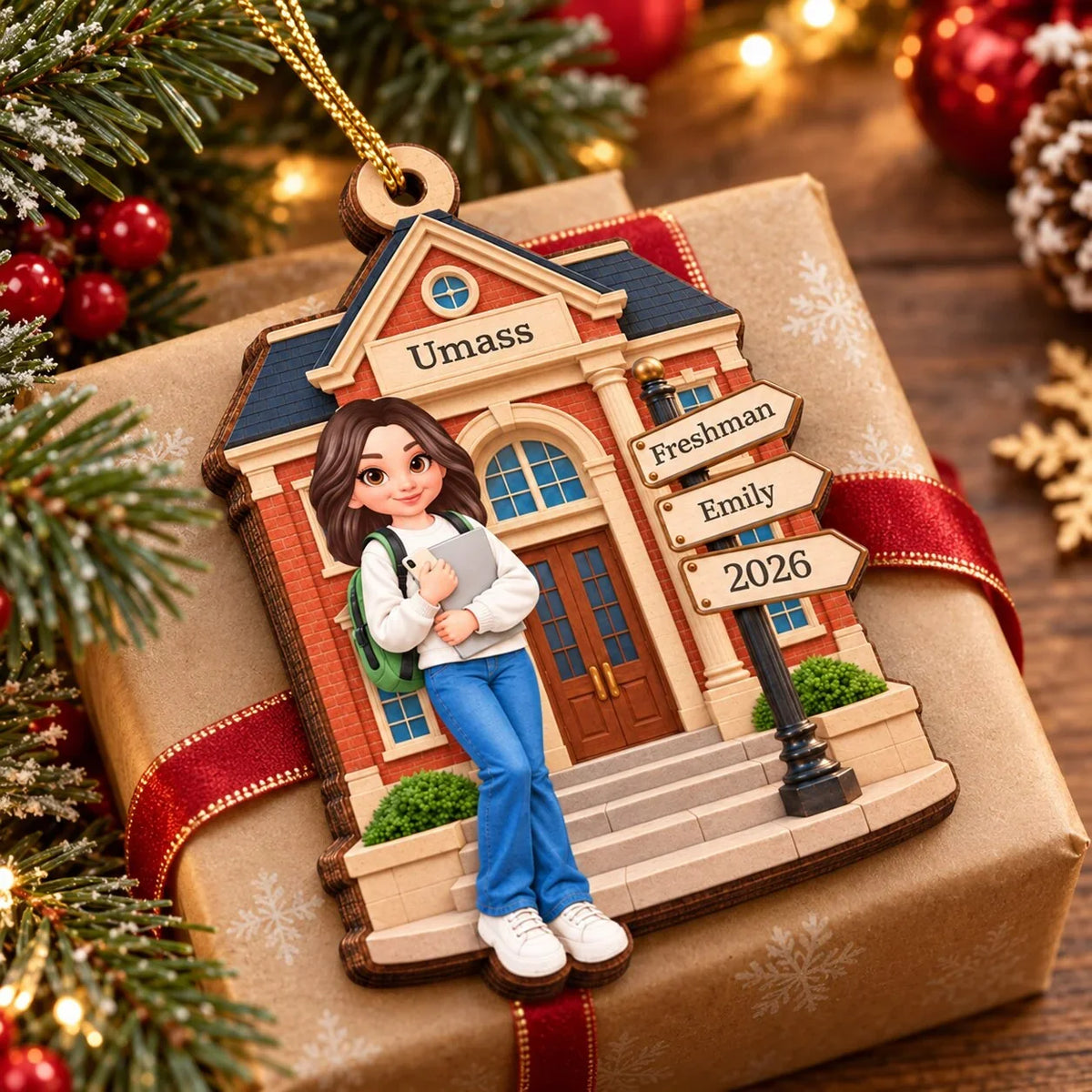 College Freshman Wooden Ornament, Personalized Campus Keepsake, Creative Christmas Gift for Students and Parents