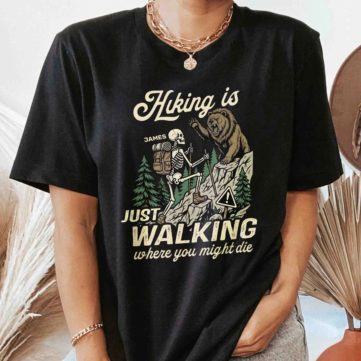 Hiking Is Just Walking Classic Tee, Creative Gift For Hikers With Vintage Bear Forest Art
