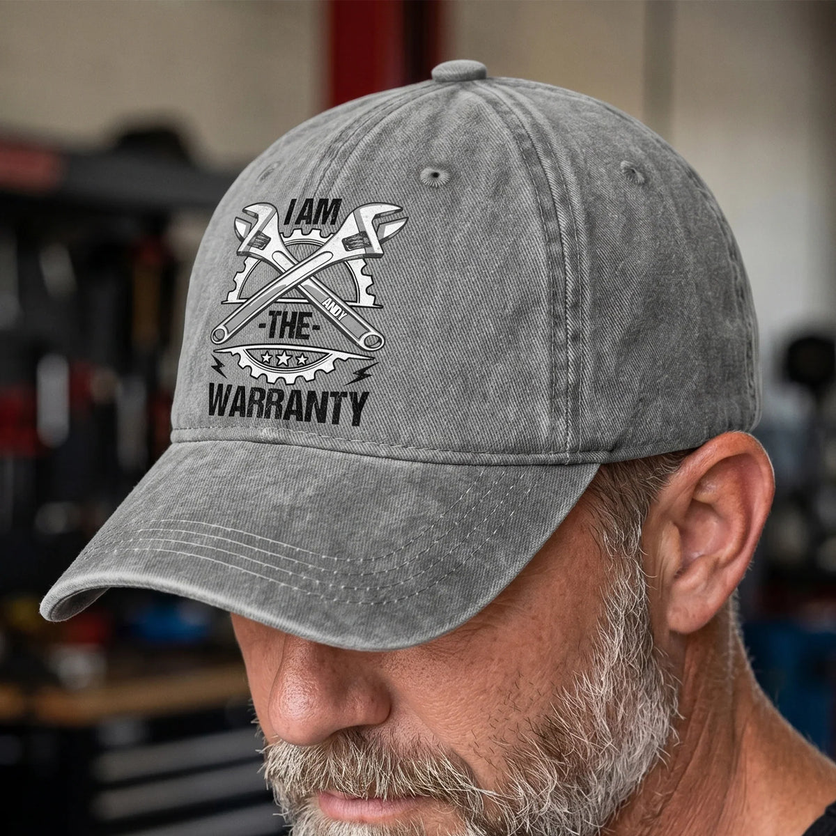 Washed Denim Baseball Cap with Funny Wrench Graphic, Personalized Unique Gift for Grandpa & Garage Fans