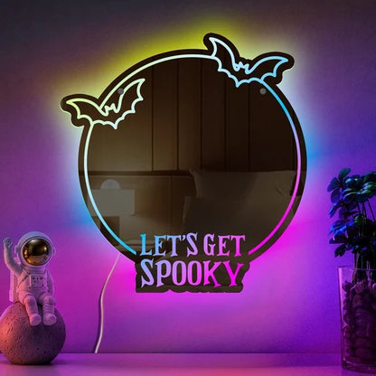 Personalized LED Acrylic Mirror, Let's Get Spooky Bats and Purple Glow for Mirror Selfies, Unique Gift for Her