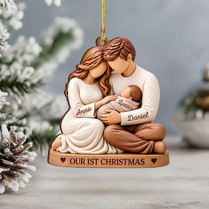 Personalized Wooden Ornament, Parents Cradling Baby, First Christmas Unique Gift for New Parents