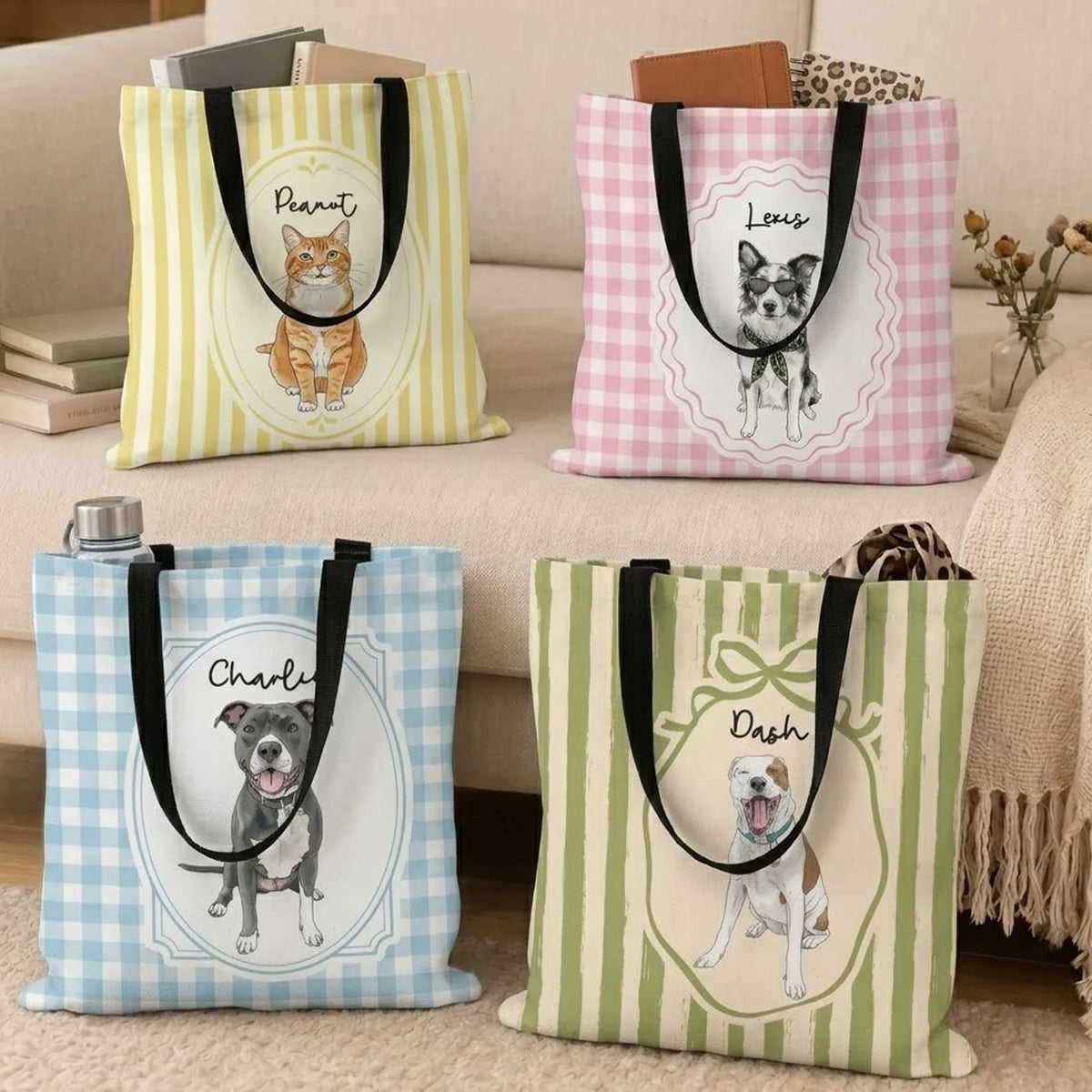 Personalized Pet Portrait Twill Tote Bag, Watercolor Dog & Cat Mom Creative Gift, Pastel Gingham Carryall