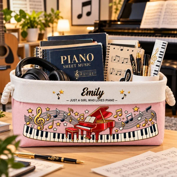 Personalized Cotton Linen Rope Basket, Piano and Music Note Organizer, Unique Gift for a Young Musician